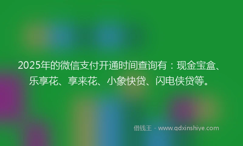 2025年的微信支付开通时间查询有：现金宝盒、乐享花、享来花、小象快贷、闪电侠贷等。