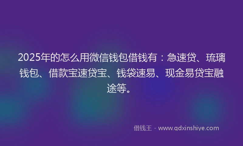 2025年的怎么用微信钱包借钱有:急速贷、琉璃钱包、借款宝速贷宝、钱袋速易、现金易贷宝融途等。