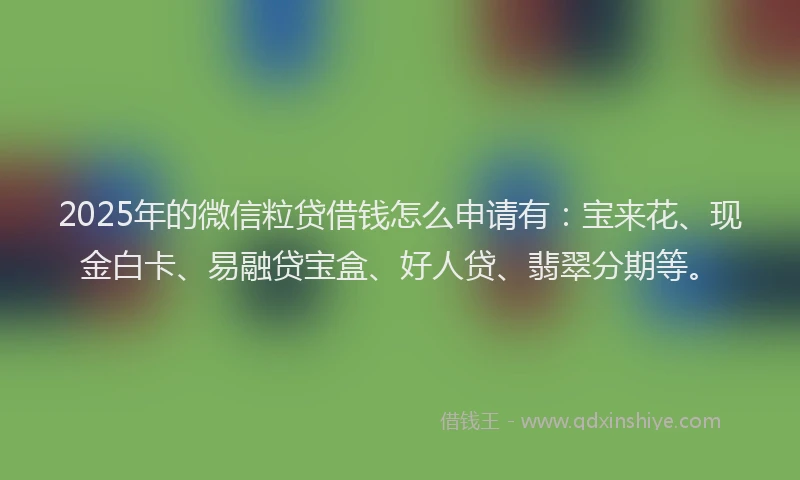 2025年的微信粒贷借钱怎么申请有：宝来花、现金白卡、易融贷宝盒、好人贷、翡翠分期等。
