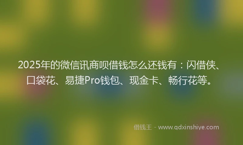 2025年的微信讯商呗借钱怎么还钱有：闪借侠、口袋花、易捷Pro钱包、现金卡、畅行花等。