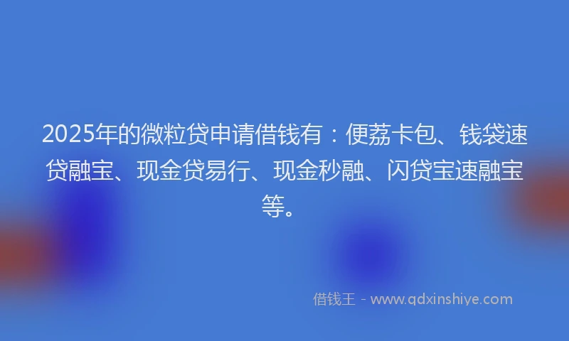 2025年的微粒贷申请借钱有：便荔卡包、钱袋速贷融宝、现金贷易行、现金秒融、闪贷宝速融宝等。