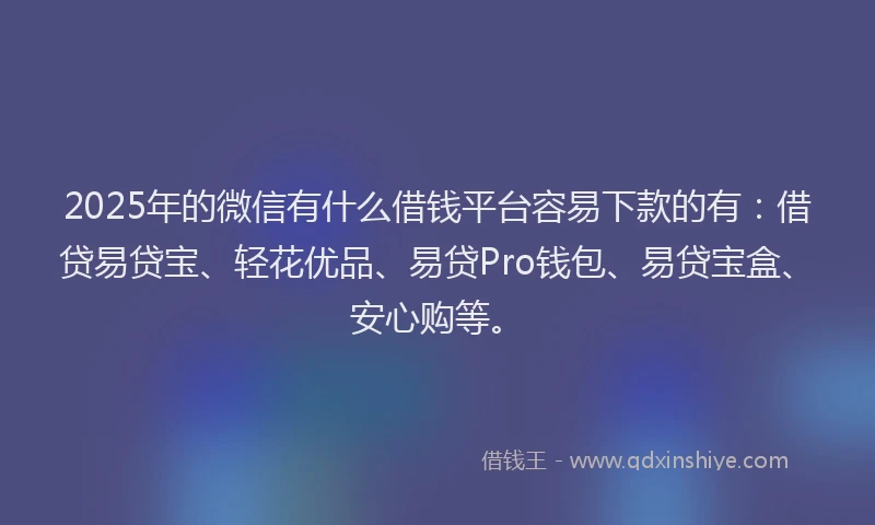 2025年的微信有什么借钱平台容易下款的有：借贷易贷宝、轻花优品、易贷Pro钱包、易贷宝盒、安心购等。