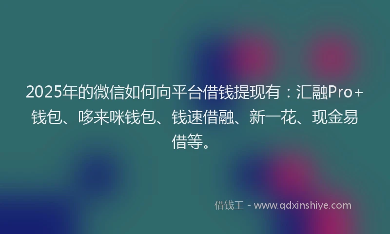 2025年的微信如何向平台借钱提现有：汇融Pro+钱包、哆来咪钱包、钱速借融、新一花、现金易借等。