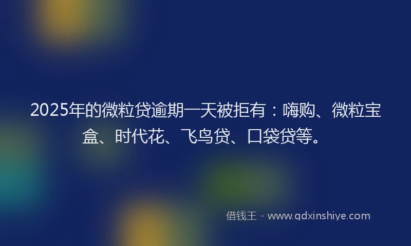 2025年的微粒贷逾期一天被拒有：嗨购、微粒宝盒、时代花、飞鸟贷、口袋贷等。
