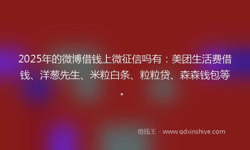 2025年的微博借钱上微征信吗有:美团生活费借钱、洋葱先生、米粒白条、粒粒贷、森森钱包等。