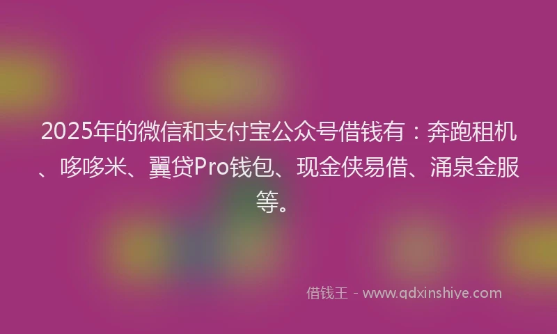 2025年的微信和支付宝公众号借钱有：奔跑租机、哆哆米、翼贷Pro钱包、现金侠易借、涌泉金服等。