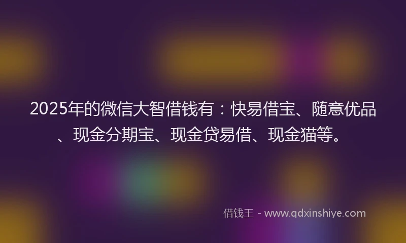 2025年的微信大智借钱有：快易借宝、随意优品、现金分期宝、现金贷易借、现金猫等。