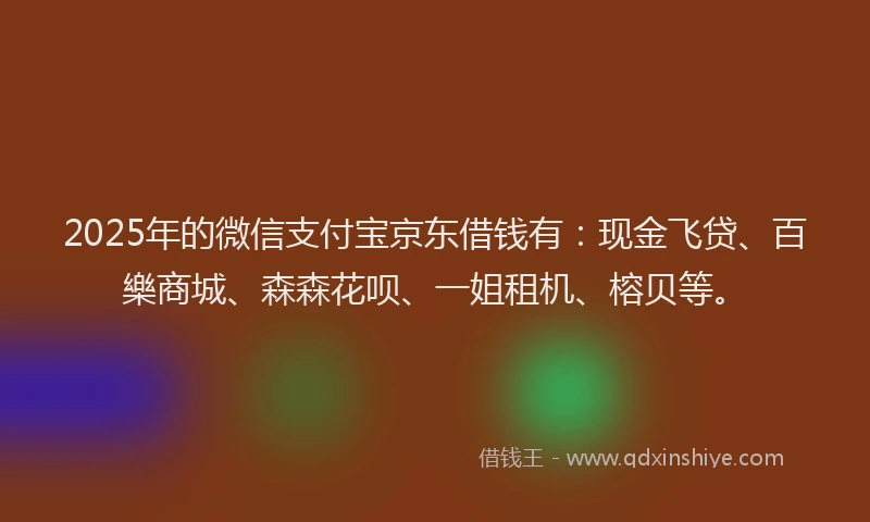 2025年的微信支付宝京东借钱有：现金飞贷、百樂商城、森森花呗、一姐租机、榕贝等。
