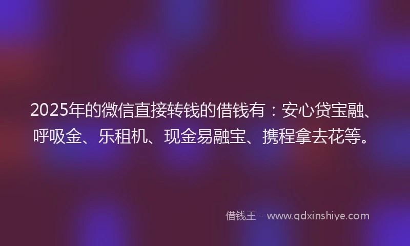 2025年的微信直接转钱的借钱有：安心贷宝融、呼吸金、乐租机、现金易融宝、携程拿去花等。