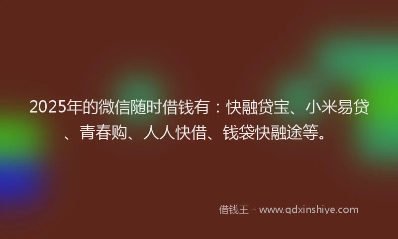 2025年的微信随时借钱有：快融贷宝、小米易贷、青春购、人人快借、钱袋快融途等。
