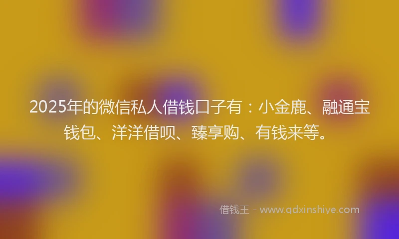 2025年的微信私人借钱口子有：小金鹿、融通宝钱包、洋洋借呗、臻享购、有钱来等。