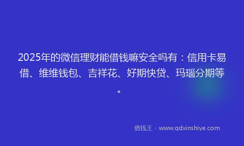 2025年的微信理财能借钱嘛安全吗有：信用卡易借、维维钱包、吉祥花、好期快贷、玛瑙分期等。