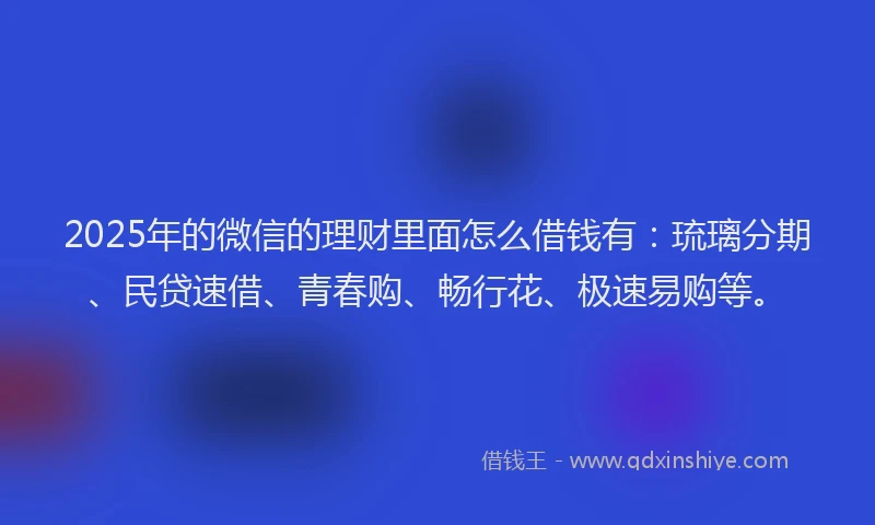 2025年的微信的理财里面怎么借钱有：琉璃分期、民贷速借、青春购、畅行花、极速易购等。