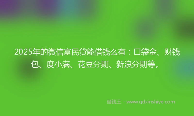 2025年的微信富民贷能借钱么有：口袋金、财钱包、度小满、花豆分期、新浪分期等。