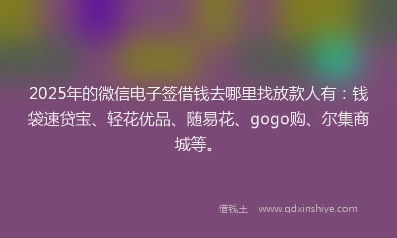 2025年的微信电子签借钱去哪里找放款人有：钱袋速贷宝、轻花优品、随易花、gogo购、尔集商城等。