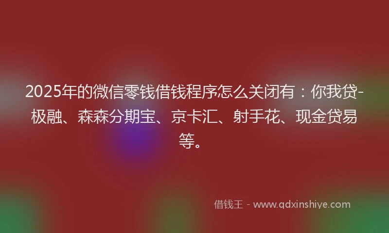 2025年的微信零钱借钱程序怎么关闭有：你我贷-极融、森森分期宝、京卡汇、射手花、现金贷易等。