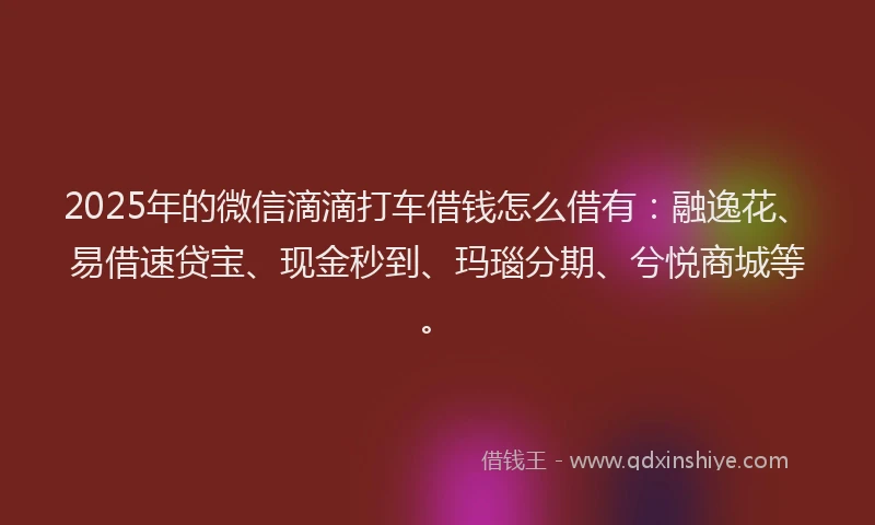 2025年的微信滴滴打车借钱怎么借有:融逸花、易借速贷宝、现金秒到、玛瑙分期、兮悦商城等。