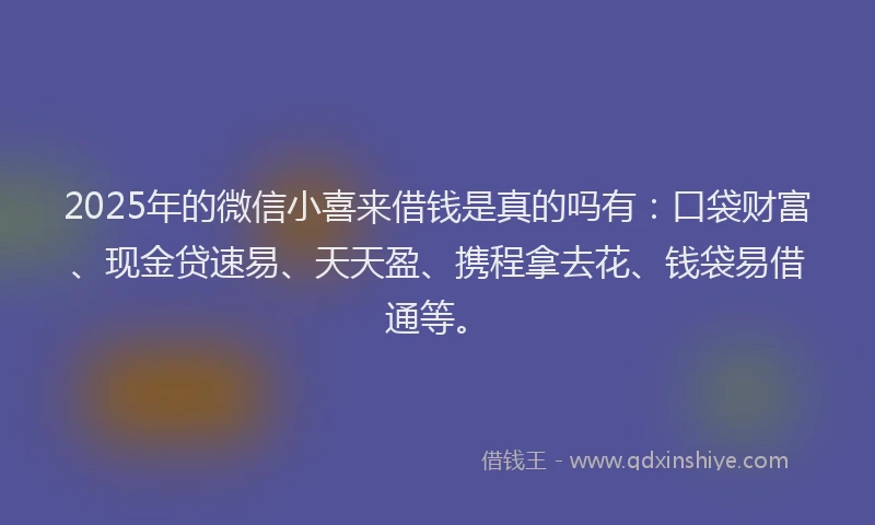 2025年的微信小喜来借钱是真的吗有：口袋财富、现金贷速易、天天盈、携程拿去花、钱袋易借通等。
