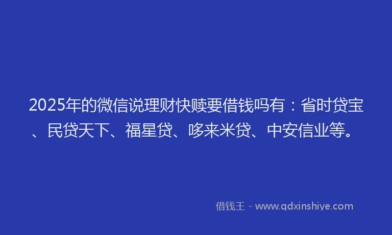 2025年的微信说理财快赎要借钱吗有：省时贷宝、民贷天下、福星贷、哆来米贷、中安信业等。