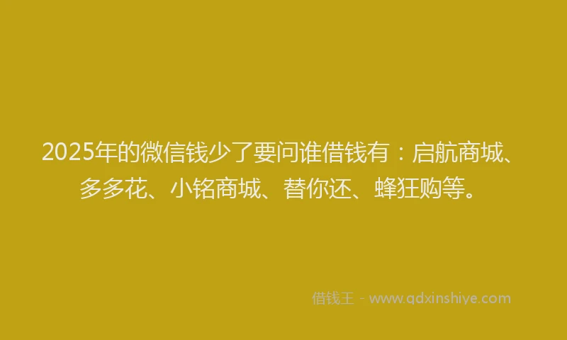 2025年的微信钱少了要问谁借钱有：启航商城、多多花、小铭商城、替你还、蜂狂购等。