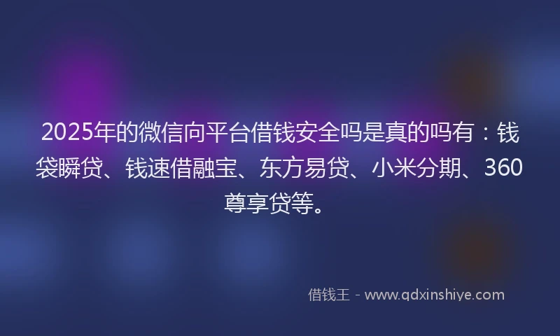 2025年的微信向平台借钱安全吗是真的吗有：钱袋瞬贷、钱速借融宝、东方易贷、小米分期、360尊享贷等。