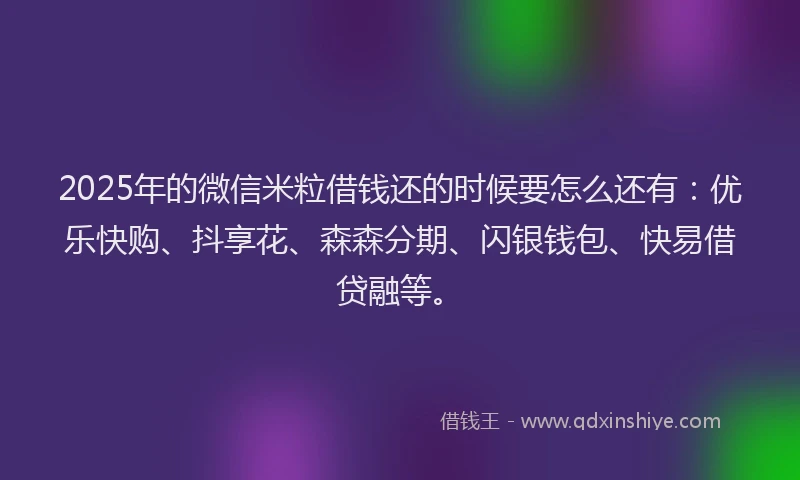 2025年的微信米粒借钱还的时候要怎么还有：优乐快购、抖享花、森森分期、闪银钱包、快易借贷融等。