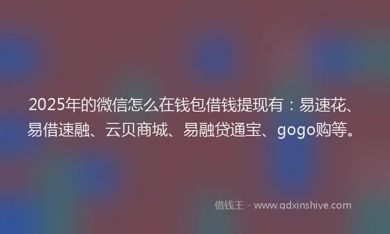 2025年的微信怎么在钱包借钱提现有：易速花、易借速融、云贝商城、易融贷通宝、gogo购等。