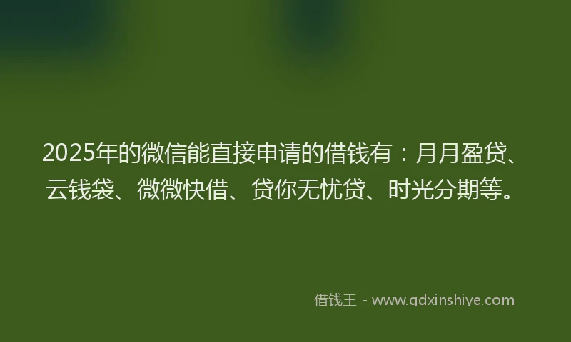 2025年的微信能直接申请的借钱有：月月盈贷、云钱袋、微微快借、贷你无忧贷、时光分期等。