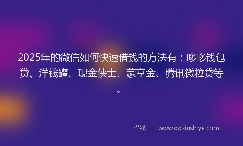 2025年的微信如何快速借钱的方法有：哆哆钱包贷、洋钱罐、现金侠士、蒙享金、腾讯微粒贷等。
