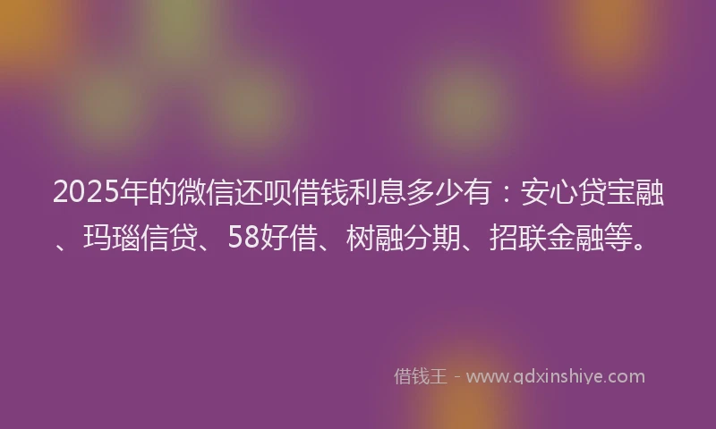 2025年的微信还呗借钱利息多少有：安心贷宝融、玛瑙信贷、58好借、树融分期、招联金融等。