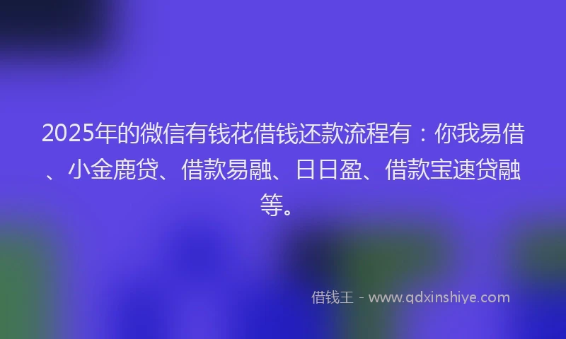 2025年的微信有钱花借钱还款流程有：你我易借、小金鹿贷、借款易融、日日盈、借款宝速贷融等。