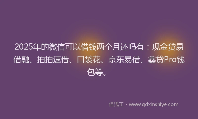 2025年的微信可以借钱两个月还吗有：现金贷易借融、拍拍速借、口袋花、京东易借、鑫贷Pro钱包等。