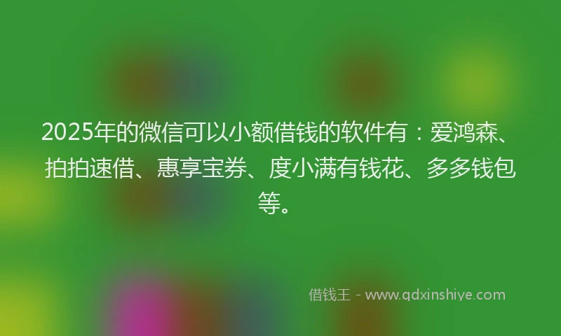 2025年的微信可以小额借钱的软件有：爱鸿森、拍拍速借、惠享宝券、度小满有钱花、多多钱包等。