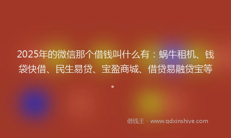 2025年的微信那个借钱叫什么有：蜗牛租机、钱袋快借、民生易贷、宝盈商城、借贷易融贷宝等。