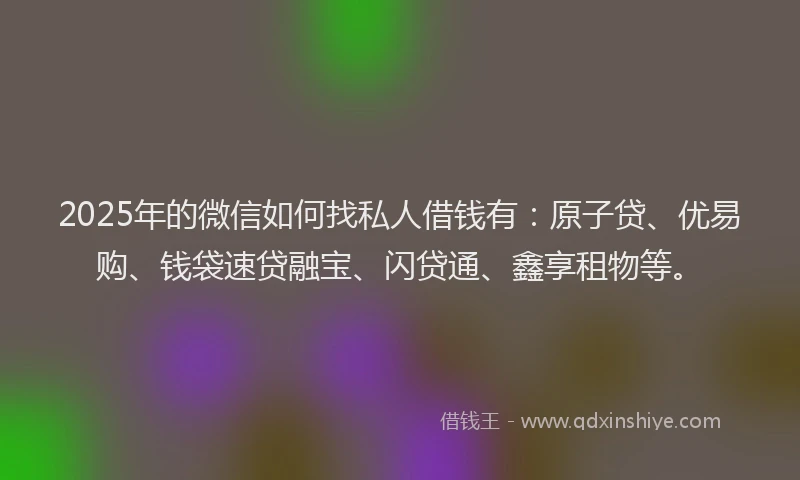 2025年的微信如何找私人借钱有：原子贷、优易购、钱袋速贷融宝、闪贷通、鑫享租物等。