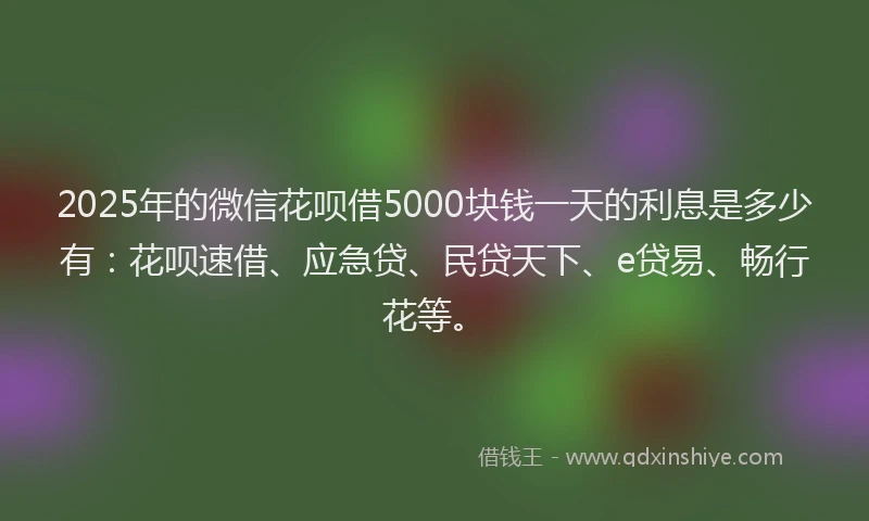 2025年的微信花呗借5000块钱一天的利息是多少有：花呗速借、应急贷、民贷天下、e贷易、畅行花等。