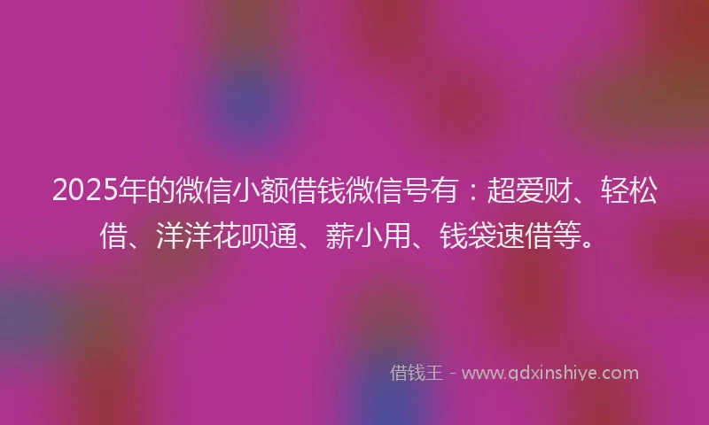 2025年的微信小额借钱微信号有：超爱财、轻松借、洋洋花呗通、薪小用、钱袋速借等。