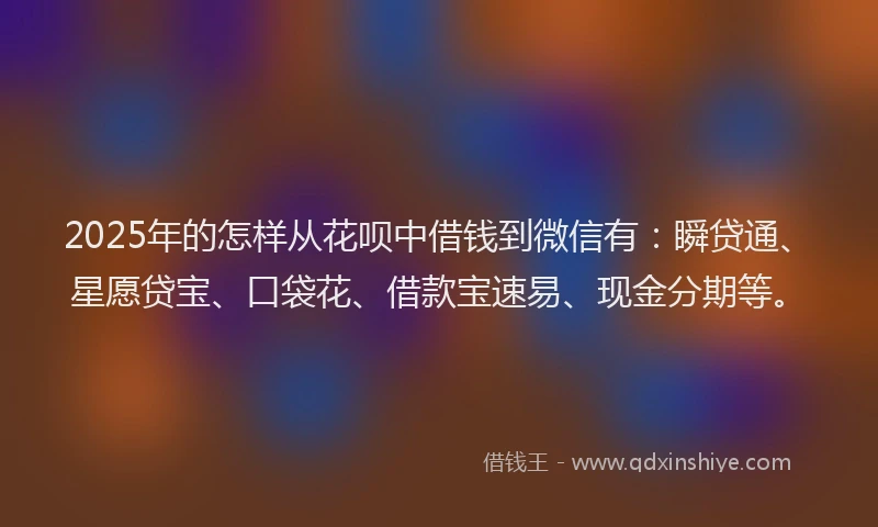 2025年的怎样从花呗中借钱到微信有：瞬贷通、星愿贷宝、口袋花、借款宝速易、现金分期等。