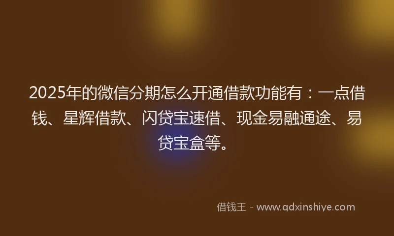 2025年的微信分期怎么开通借款功能有：一点借钱、星辉借款、闪贷宝速借、现金易融通途、易贷宝盒等。