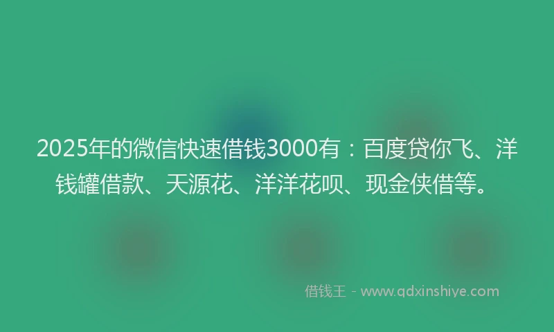 2025年的微信快速借钱3000有：百度贷你飞、洋钱罐借款、天源花、洋洋花呗、现金侠借等。