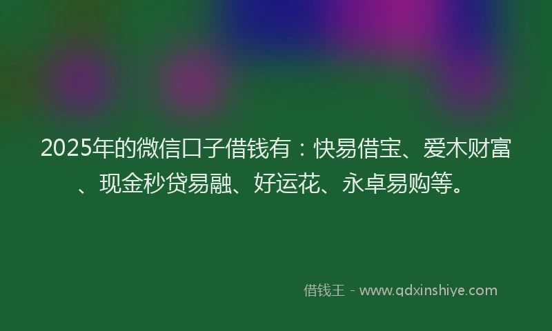 2025年的微信口子借钱有：快易借宝、爱木财富、现金秒贷易融、好运花、永卓易购等。