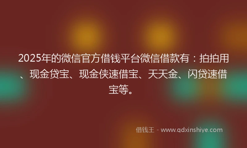 2025年的微信官方借钱平台微信借款有：拍拍用、现金贷宝、现金侠速借宝、天天金、闪贷速借宝等。