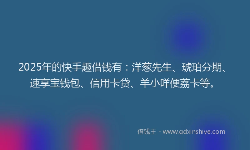 2025年的快手趣借钱有:洋葱先生、琥珀分期、速享宝钱包、信用卡贷、羊小咩便荔卡等。