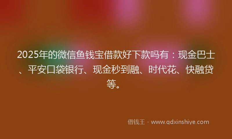 2025年的微信鱼钱宝借款好下款吗有：现金巴士、平安口袋银行、现金秒到融、时代花、快融贷等。