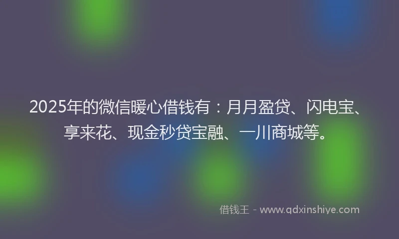 2025年的微信暖心借钱有：月月盈贷、闪电宝、享来花、现金秒贷宝融、一川商城等。