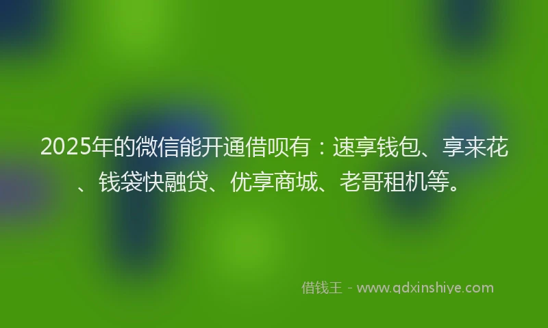 2025年的微信能开通借呗有：速享钱包、享来花、钱袋快融贷、优享商城、老哥租机等。