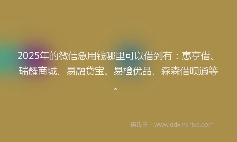 2025年的微信急用钱哪里可以借到有：惠享借、瑞耀商城、易融贷宝、易橙优品、森森借呗通等。