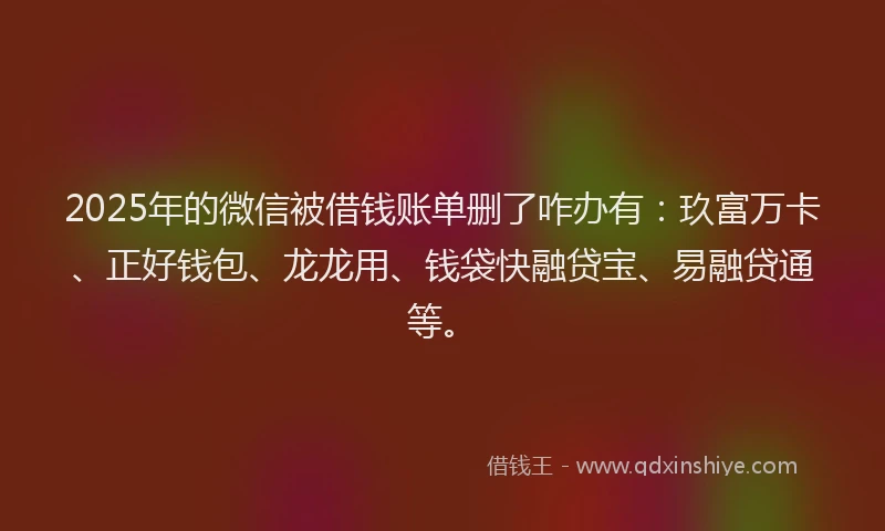 2025年的微信被借钱账单删了咋办有：玖富万卡、正好钱包、龙龙用、钱袋快融贷宝、易融贷通等。
