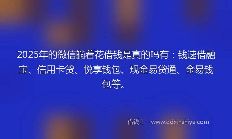 2025年的微信躺着花借钱是真的吗有：钱速借融宝、信用卡贷、悦享钱包、现金易贷通、金易钱包等。