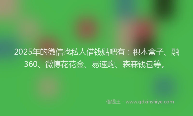 2025年的微信找私人借钱贴吧有：积木盒子、融360、微博花花金、易速购、森森钱包等。